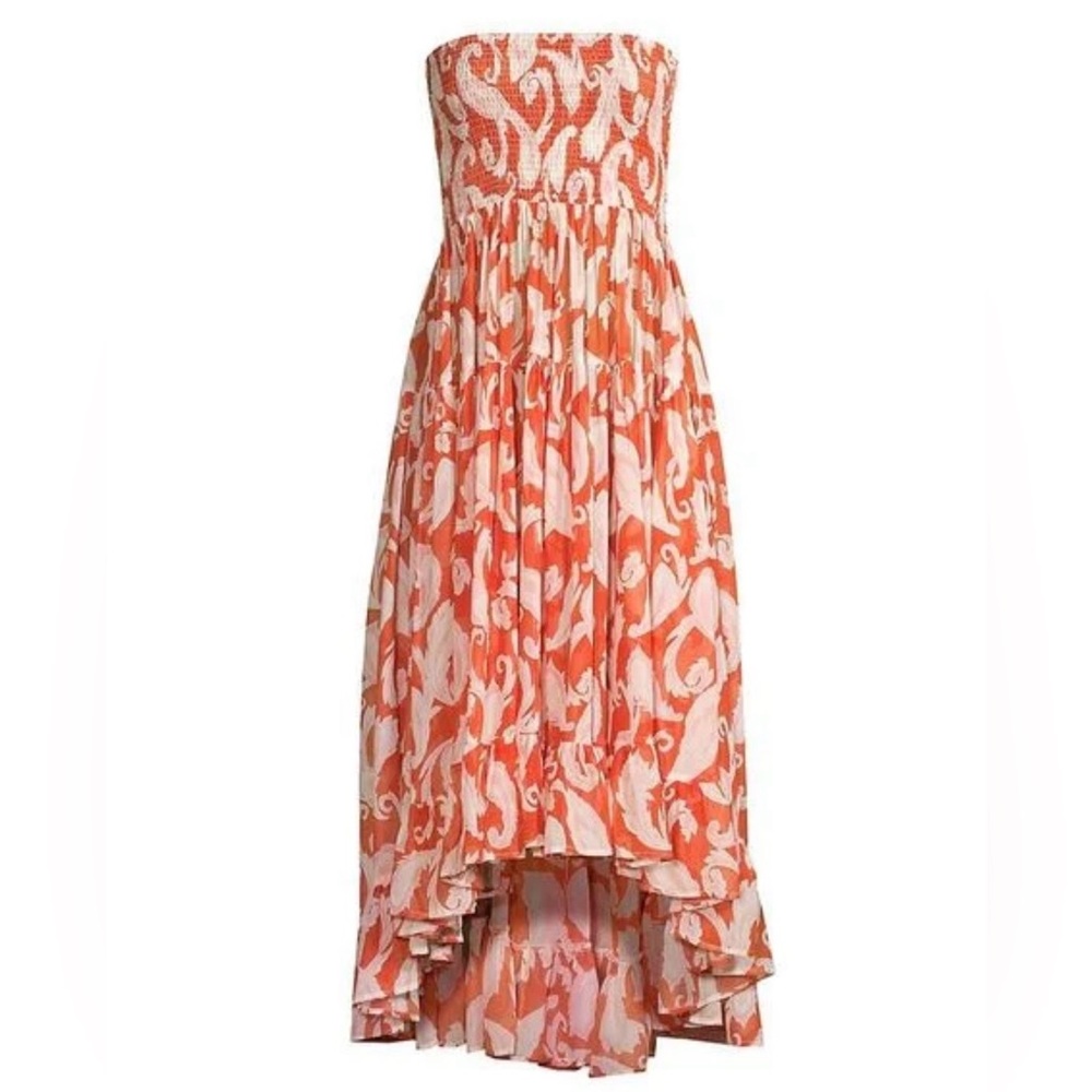 Strapless Orange and White Printed High-Low Dress